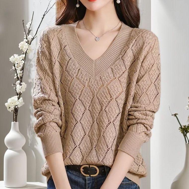 Женский пуловер допаминового цвета размера плюс с V-образным вырезом, свободный, открывающий ключицы, высококачественный вязаный топ с ажурной вязкой для осени и лета