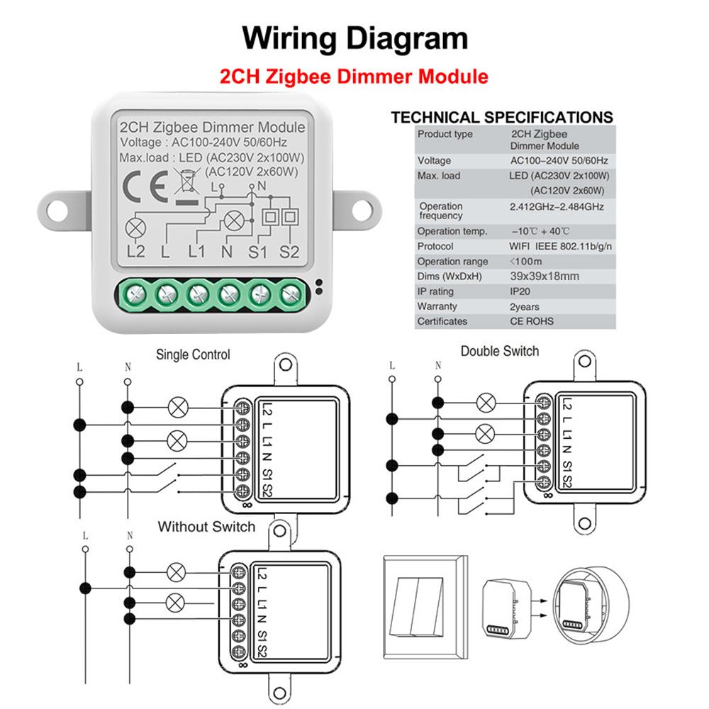 Модуль диммера Zigbee, приложение, пульт дистанционного управления, переключатель штор, работает с Alexa Google Home 2 Gang
