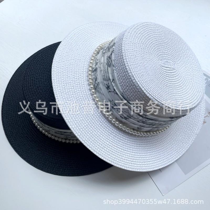 French retro elegant pearl decoration flat top straw hat women's summer travel versatile sun protection shade white gift hat