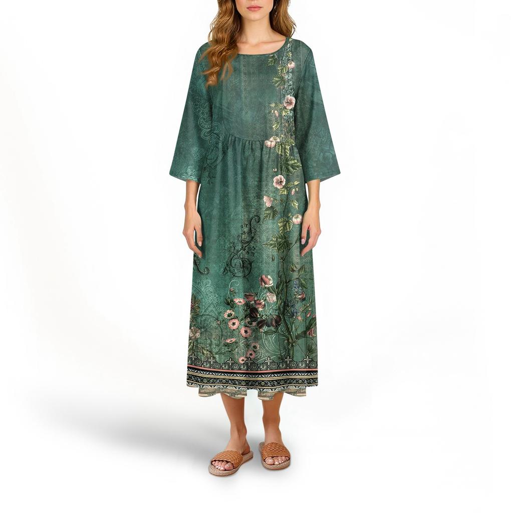 Women's Fashionable Printed Round Neck Seven Quarter Sleeve Loose Dress