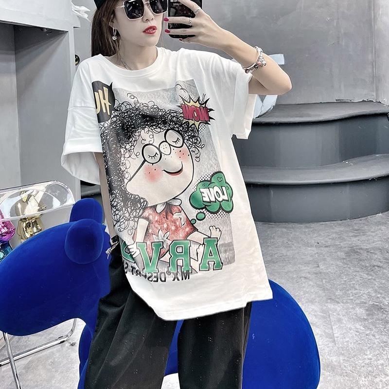 Plus Size Summer Women's T-shirt Cartoon Girl Pattern Printed Short Sleeve Tops