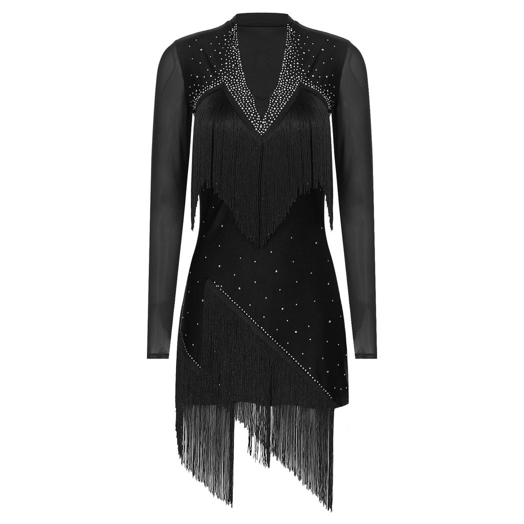 Женское платье для латинских танцев с V-образным вырезом и длинным рукавом, блестящая бахрома из страз, костюм для выступлений в стиле танго, румба, ча-ча-ча