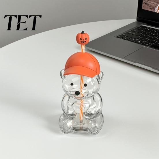 Durable Drinking Container 600ML Bear Glass Tumbler with Lid & Straw, 20oz Borosilicate Water Bottle Straw Cup for Iced Coffee, Boba Tea, Milk,