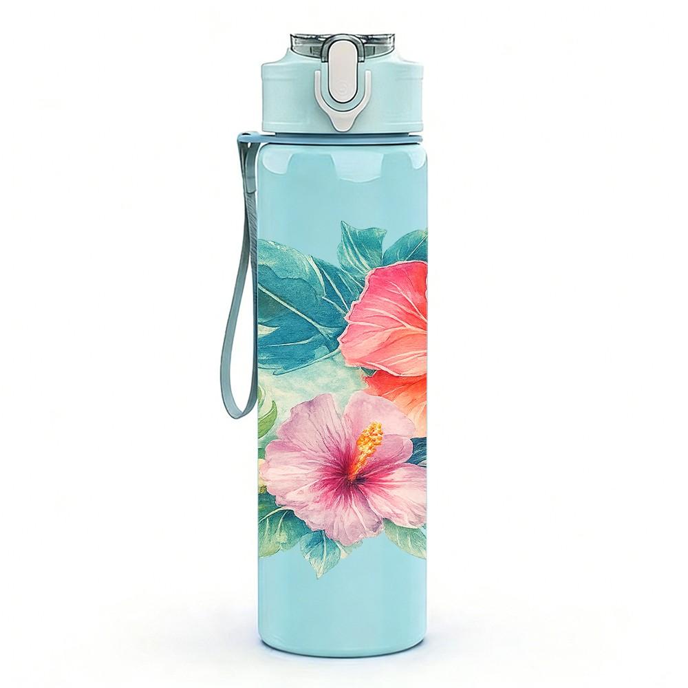 1PC Tropical Hibiscus Watercolor Flower Print 750ml Color Plastic Sports Water Bottle Leakproof Flip Straw Lid Suitable for Sports Office Home Use