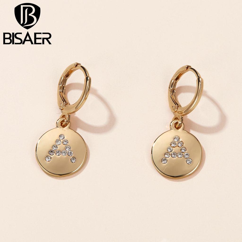Bisaer Bright Colorful Rhinestones Alphabet A Round Shape Stud Earrings for Women Simple Jewelry