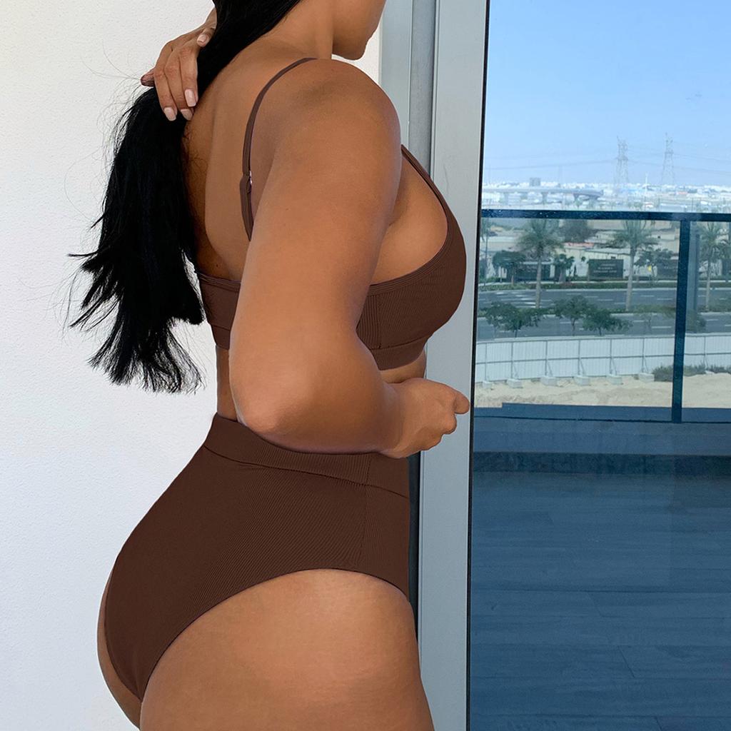 Women Swimsuits Push Up Bikini Ribbed High Waist Bikinis Set Solid Swimming Suits Female Swimwear Bathing Suit Beachwear