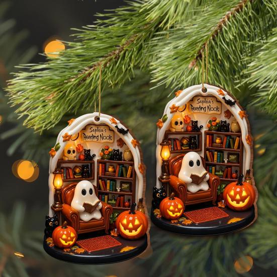 Halloween Ghost Ornament Acrylic Ghost-Themed Reading Cooking Painting Ornament Tree Hanging Decoration for Indoor Home Decor