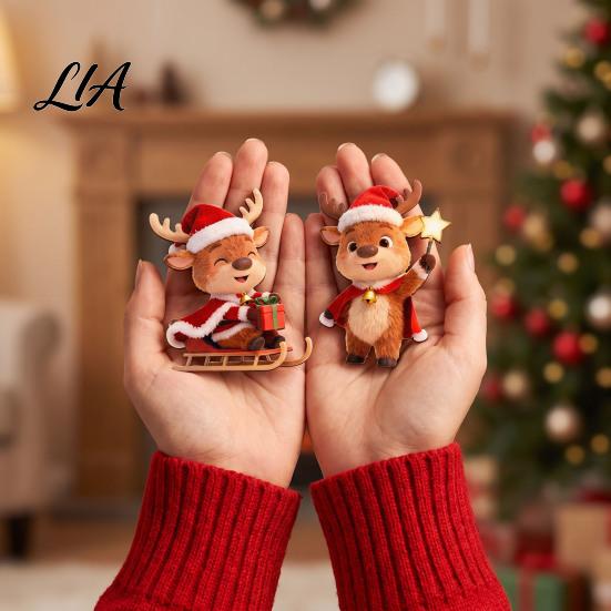 2D Flat Wood Deer Decorations Christmas Elk Ornaments, Wooden Cute Reindeer Hanging Decoration, Cartoon Lightweight Animal Ornaments Pendants with Hat