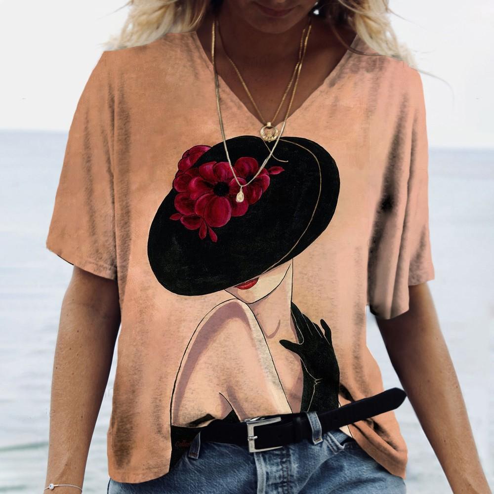 S-5XL Большие размеры Топы с принтом Женская футболка Сексуальный V-образный вырез Короткий рукав Летние женские топы Одежда Уличная мода Женские пуловеры