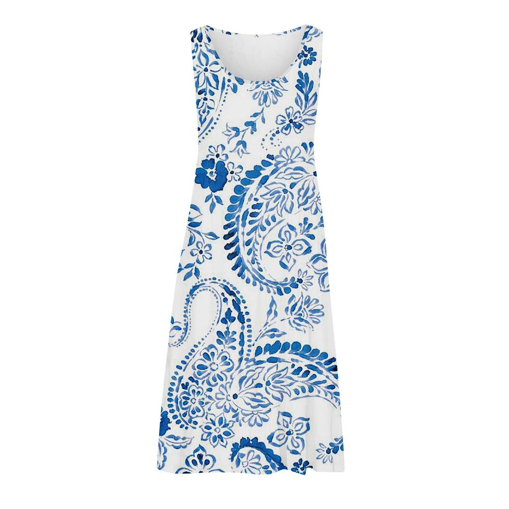 Женские платья-жилеты Лето-весна Плиссированные богемные платья Симпатичные струящиеся пляжные платья без рукавов Прямая футболка Платья-майки Платья с круглым вырезом