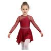 Long Sleeve Cutout Back Asymmetrical Hem Mesh Patchwork Dress with Rhinestones for Girls Figure Skating Competition Stage Show
