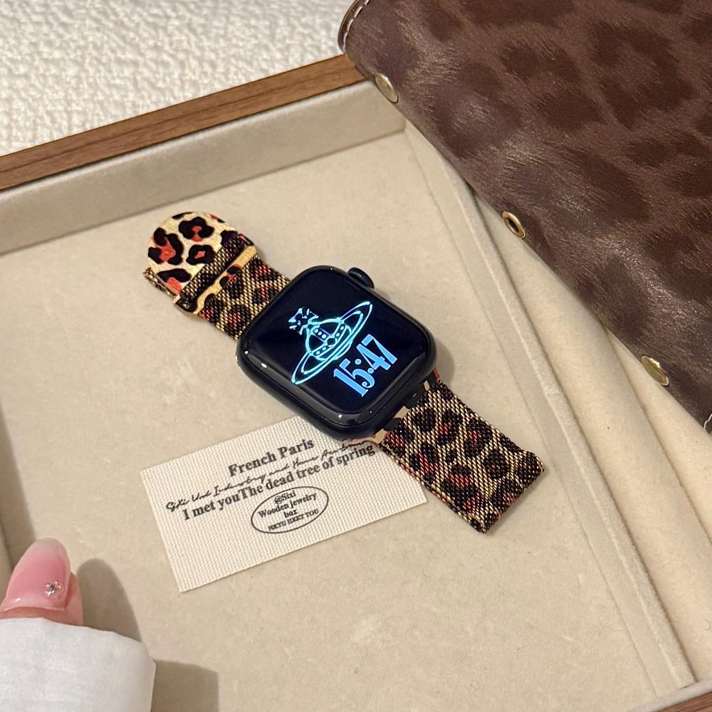 Миланская петля Ремешок Для Apple watch band 46мм 45мм 44мм 40мм 41мм Леопардовый принт Магнитный браслет для iWatch Серии 11/10/9 8 7 6 SE3/Ultra 2 3 4 49мм