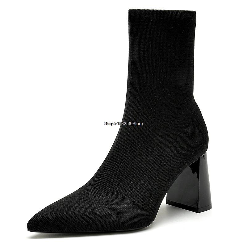 2024 зимние сапоги-носки женские туфли остроносые вязаные эластичные сапоги женские сапоги модные толстые каблуки женские короткие сапоги на высоком каблуке