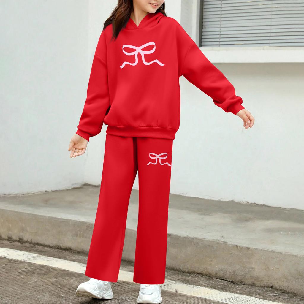 Детский плюшевый длинный рукав, длинные брюки, свободный свитер, бант с принтом, комплект с капюшоном