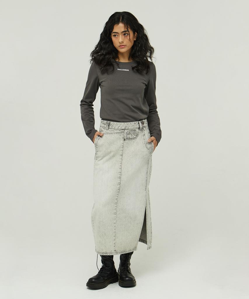 Mc Wood Gun Ronas 7997 Bleach Wash Light Grey Denim Long Skirt