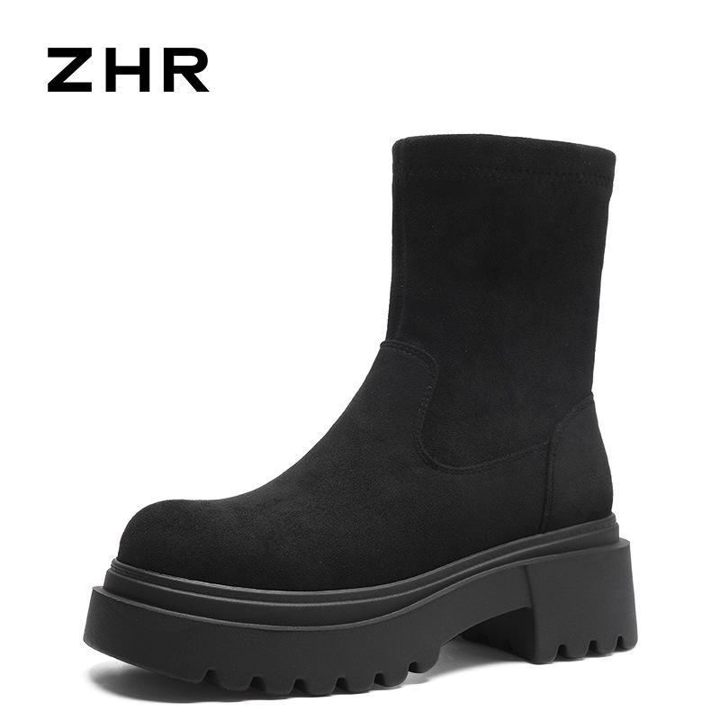 ZHR 2024 Новые зимние эластичные ботинки: Короткие, на толстой подошве, с бархатной подкладкой, модные, высокие и стройнящие.