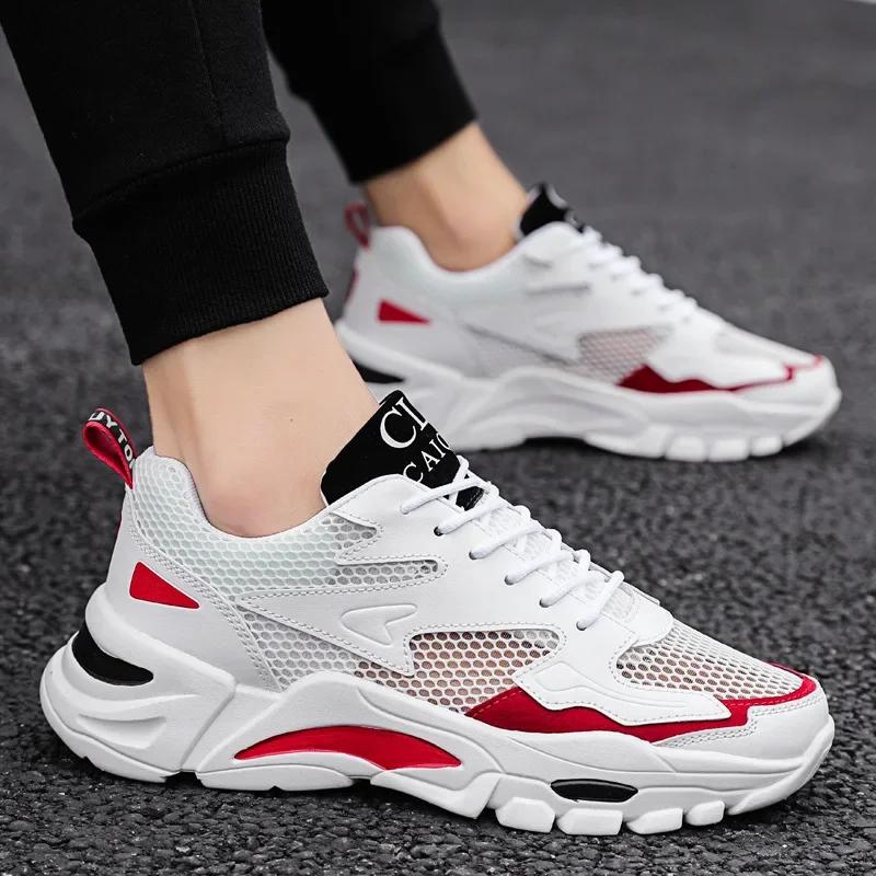 Fashion Mesh Men's Sneakers White Summer Platform Sneakers Stylish Lace-up Male Sneaker Breathable Man Tenis Footwear Men's Sports Shoes