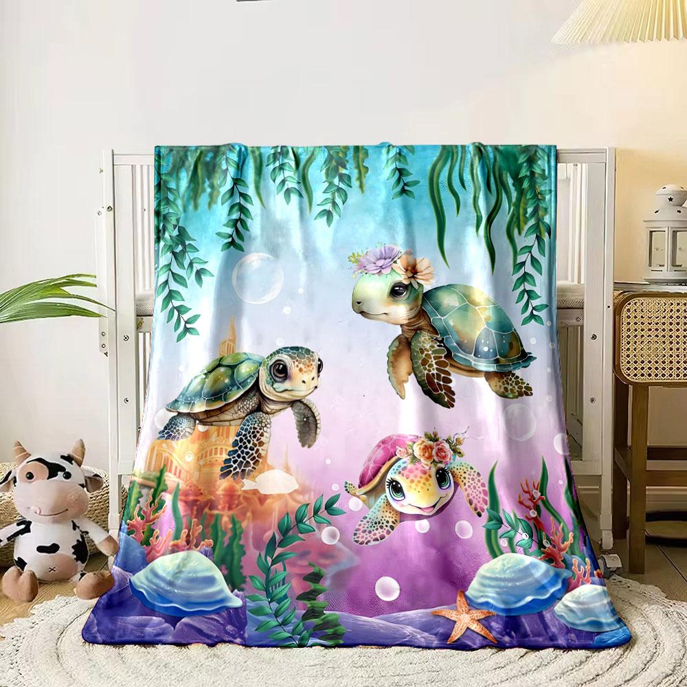 Cartoon Marine Turtle Underwater Scene Flannel Blanket bedroom Blanket for Livingroom Couch lunch break Soft throw for Friend's festival Gift