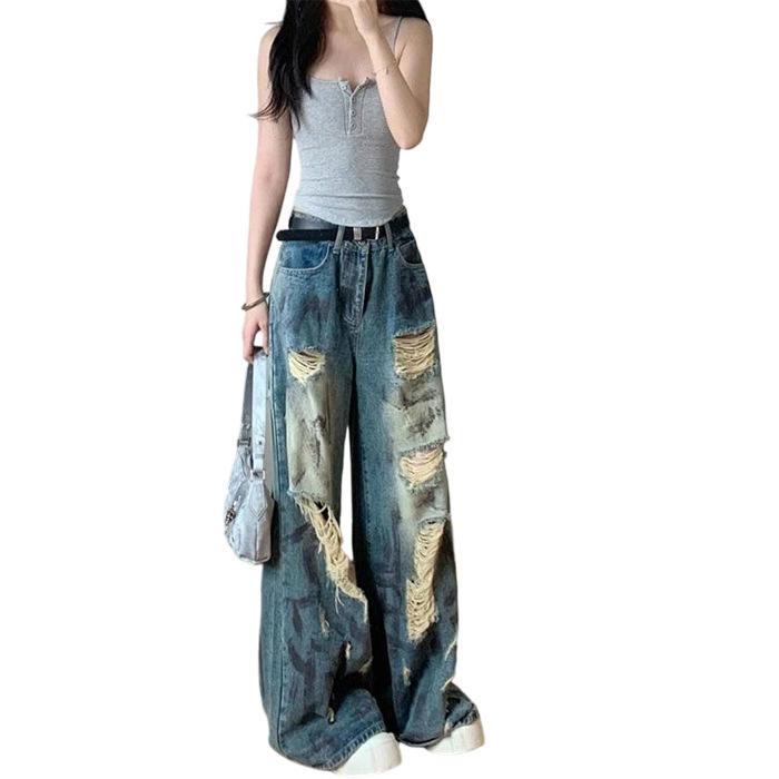 Ретро Джинсовые брюки с дырками Женские Дизайнерские Брюки Нищего С высокой талией Для невысоких Прямые Широкие Длинные брюки Длинные джинсы