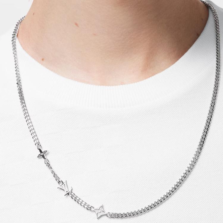 Louis Vuitton Monogram Row Engraved Logo Metal Necklace Unisex necklace Silver M01490