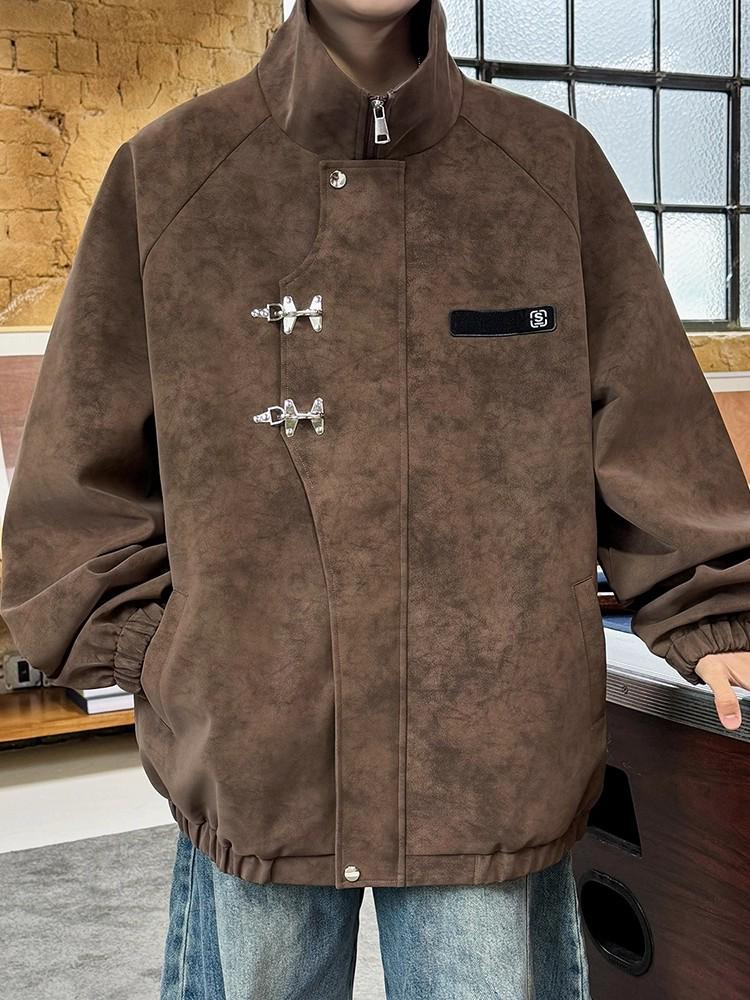 Мужская куртка из ПУ кожи с воротником-стойкой и металлической пряжкой - Ретро-стиль тай-дай для весны и осени