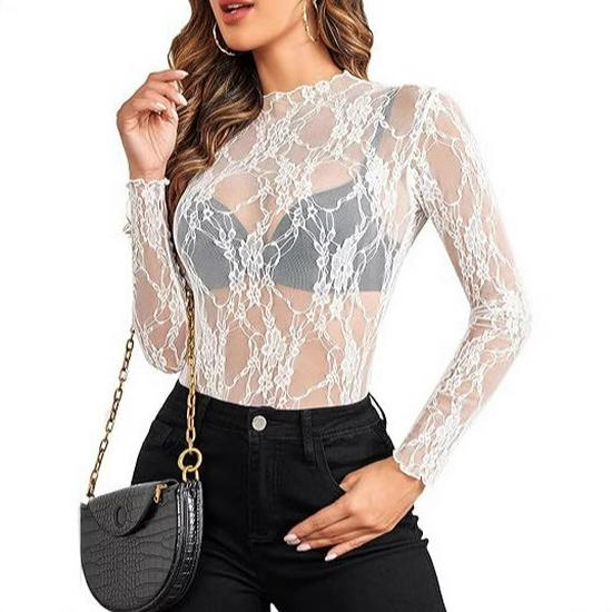 2024 European & American Style Lace Floral See-Through Long-Sleeve Women's Top