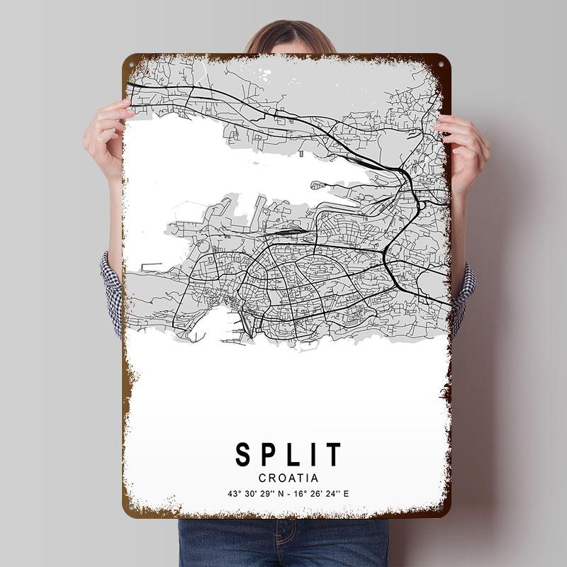 Split Light City Map Poster Customized Vintage Metal Signs Wall Art Retro Tin Plaque for Office Decoration Gaming Desk Decor