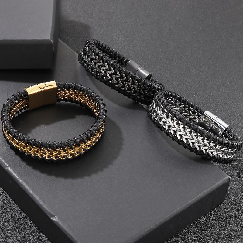 12 мм черный браслет из натуральной кожи для мужчин плетеные мужские браслеты из воловьей кожи и нержавеющей стали с магнитной застежкой с гравировкой