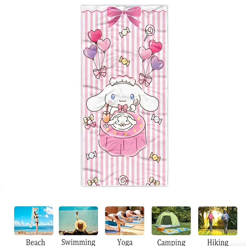 1pc Cute Cinnamoroll Beach Towel Pink White Stripe Bow Print Soft Absorbent Quick Dry for Beach Pool Yoga Camping