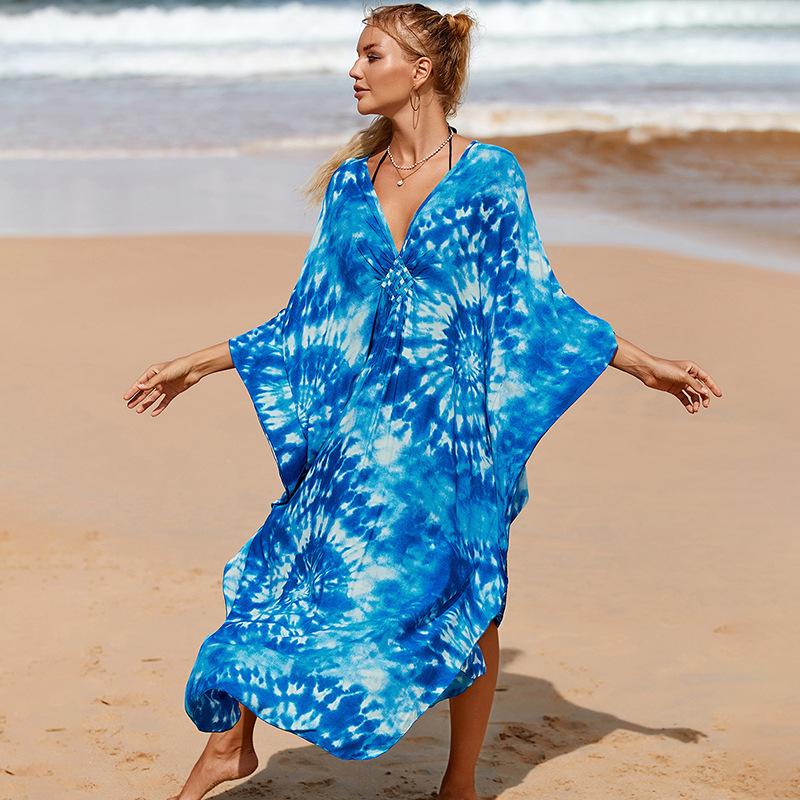 Plus Size Boho Cover Up, Women's Plus Painting Print Bat Sleeve V Neck Split Hem Maxi Cover Up Dress
