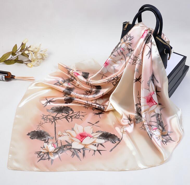 Silk Scarf Women Lotus Flower Design Square Scarves Office Ladies Shawl Bandanna 90*90cm Muslim Hijab Handkerchief Scarves