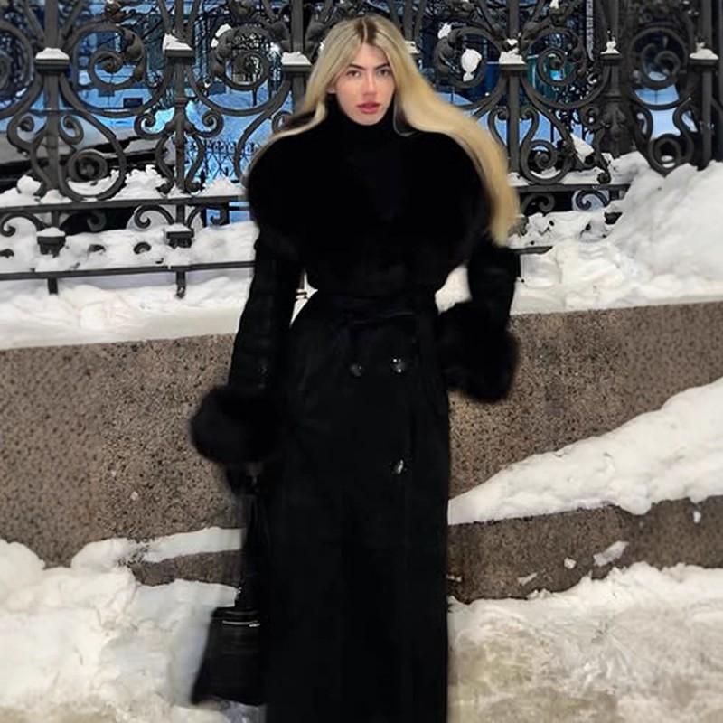Женское зимнее длинное пальто из искусственного меха однотонное модное повседневное уличное