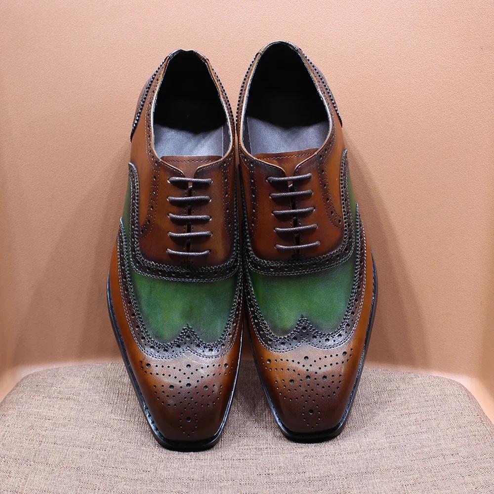 Fashion Luxury Mens Brogue Oxford Shoes Genuine Leather Lace Up Wedding Party Office Formal Shoes Handmade Wing Tip Mens Dress Shoes