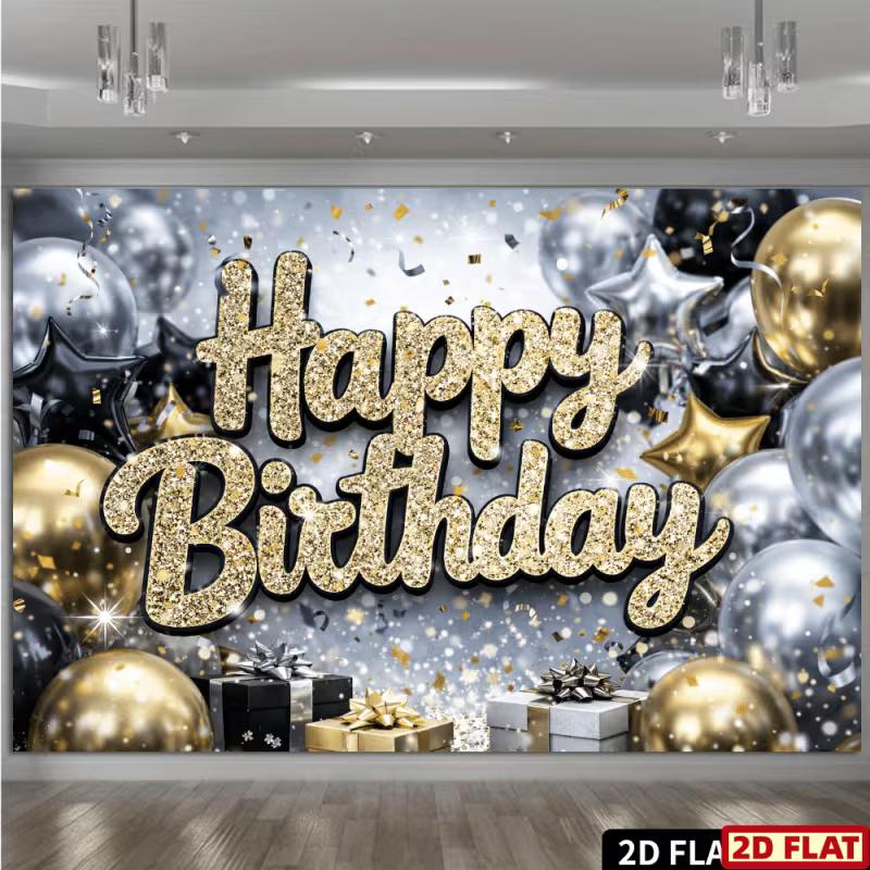 2D Black Gold Silver Glitter Birthday Backdrop Banner Happy Birthday Gift Party Decor Background
