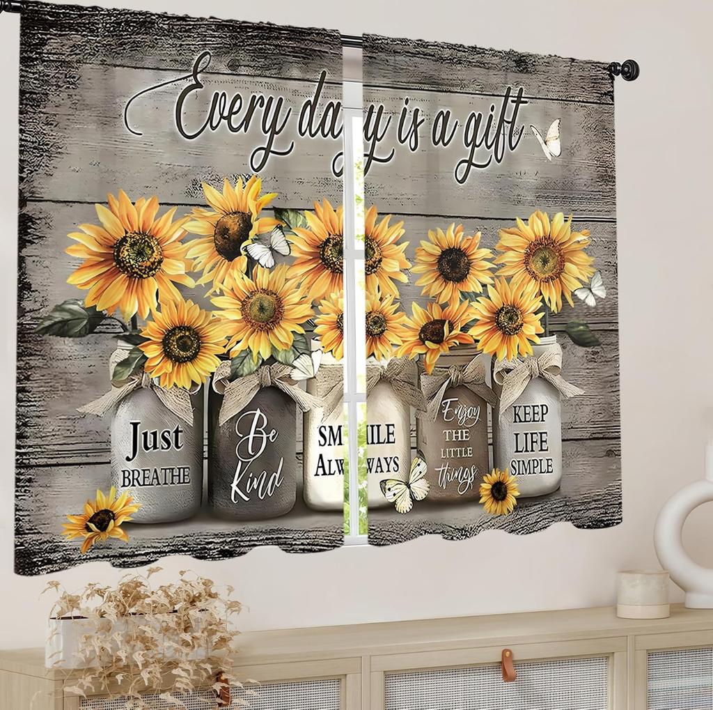 Sunflower Mason Jar Curtains Inspirational Quote Print for Farmhouse Kitchen Window Decor