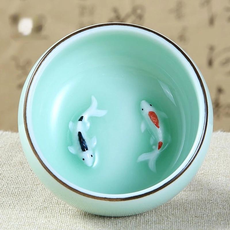 Chinese Longquan Celadon Porcelain 1pcs Tea cup,China Teacups and SaucerTea Bowl Golden Fish 60ml China Tea Pot Celadon Teacups