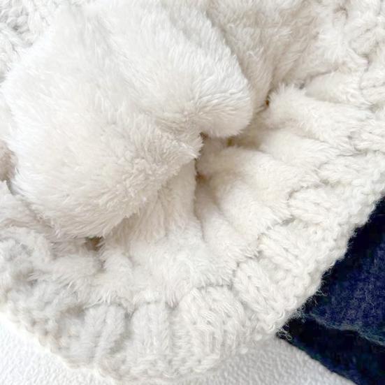 Unisex Winter Beanie Knitted Thick Folded Brim Solid Color Stretchy Pom-Pom Hat Ear Protection Piled Hat Windproof Cold Weather Warm Headgear