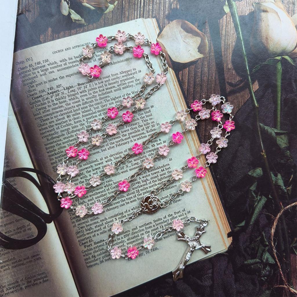Catholic Flower Beads Rosary Necklace Crosses Religious Chain Church Prayer Pendants Jewelry for Womens Baptisms Gift