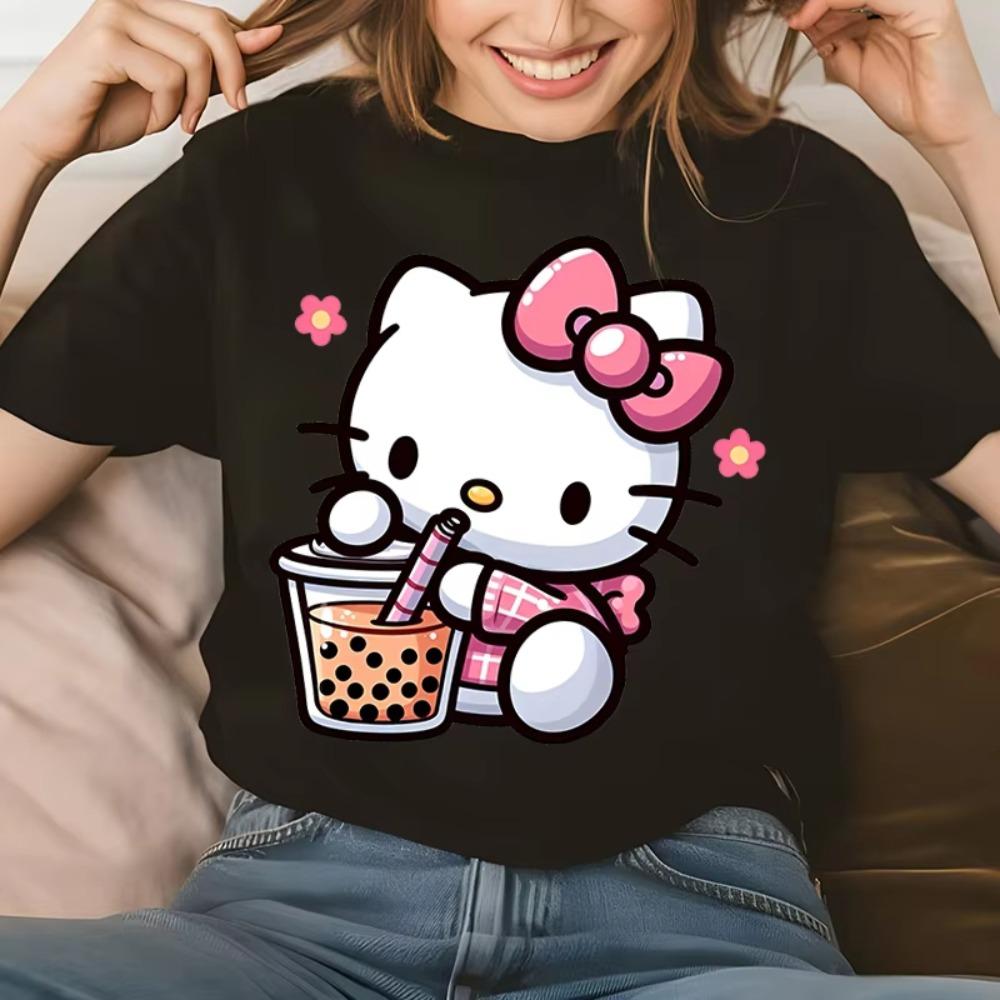 Hello Kitty Drinking Pearl Milk Tea Printed Womens Tshirt Cotton Shortsleeved Casual Top Personalized Womens Clothing