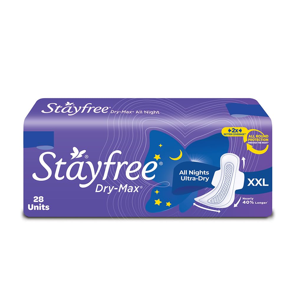 Stayfree Сухие Макс На всю ночь XL Покрытие Dry Cover Гигиенические прокладки для женщин с крылышками, 28 прокладок Упаковка 1 шт.