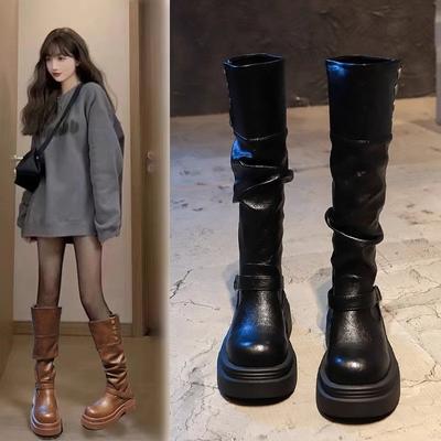 Коричневые ботинки на толстом каблуке и платформе в ретро-британском стиле женские новинки 2024 года на осень и зиму тонкие ботинки высокие ботинки