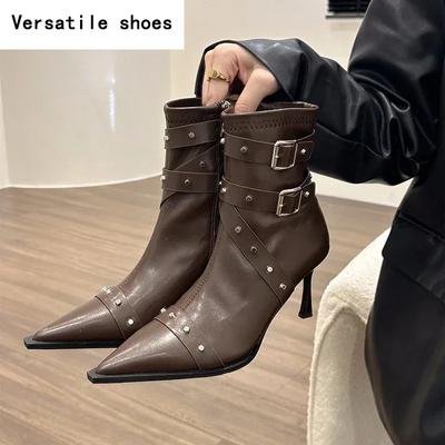 Остроносые женские короткие сапоги, модные ботильоны с пряжкой на ремне, тонкие ботильоны на высоком каблуке, осенне-зимняя женская обувь