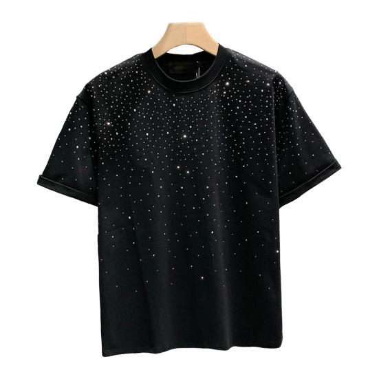 Летняя мужская футболка с декором из стразов, круглый вырез, свободный чистый цвет, пуловер с короткими рукавами, повседневная повседневная одежда средней длины, спортивный топ