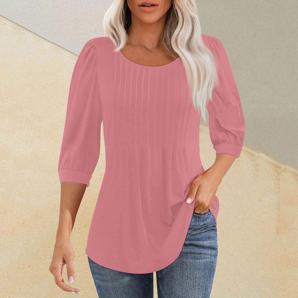 Женская мода плиссированная футболка с круглым вырезом и семью рукавами, повседневный однотонный топ