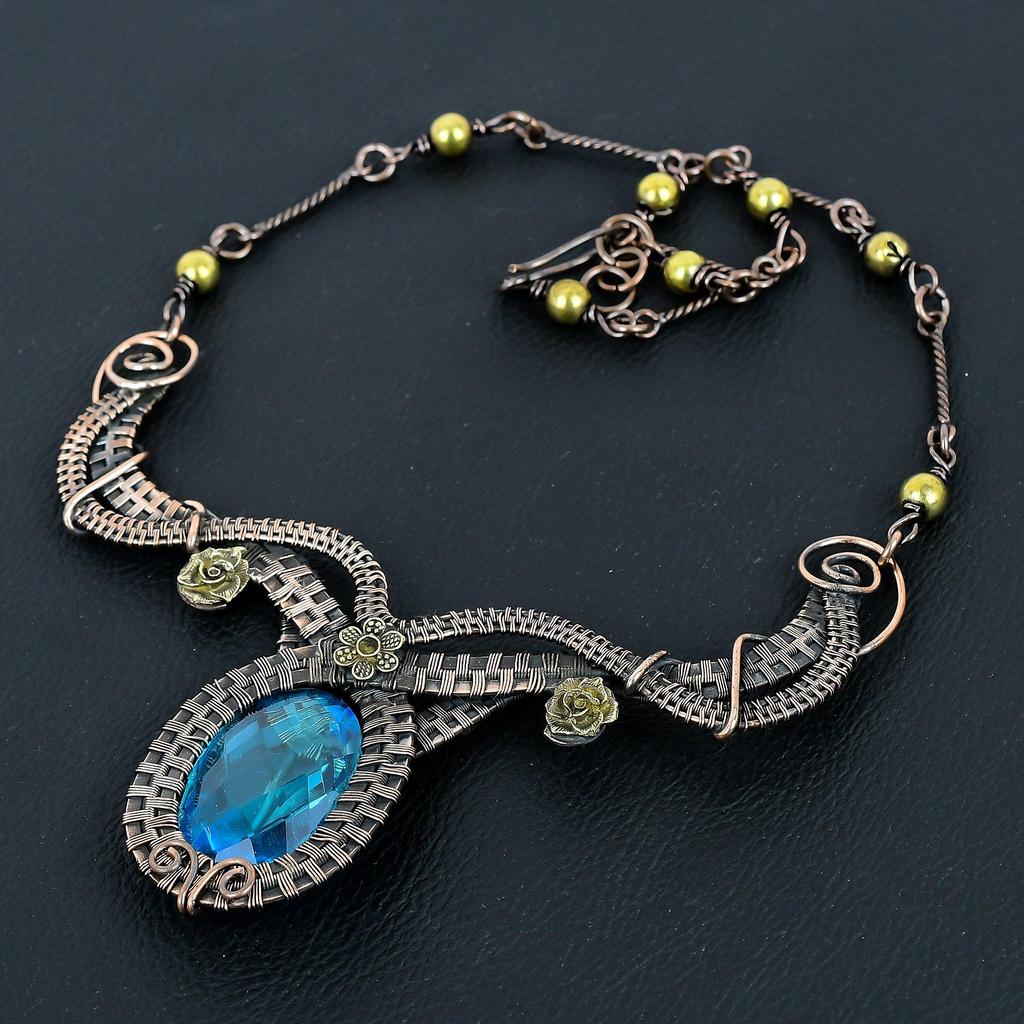 Blue Topaz  Necklace Handmade Jewelry, 999 Copper Wire Wrapped Necklace Designer Gemstone Jewelry Adjustable Chain Necklace Gift For Mom
