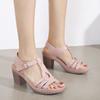 Open Round Toe Sandals Women Block High Chunky Heel Hoof Dressy Buckle Ankle T-strap Sewing Thread Platform Pink 42