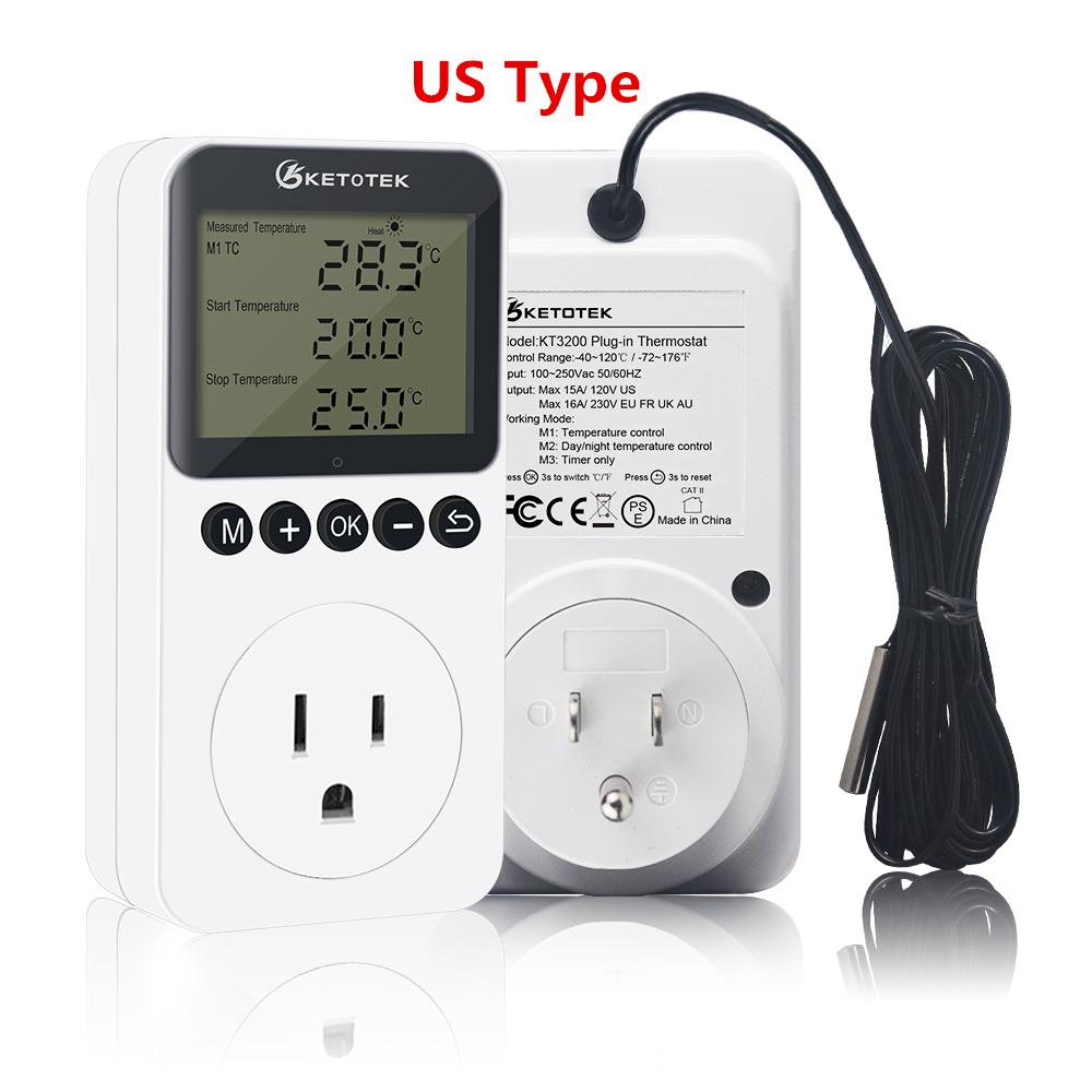 Ketotek Цифровой термостат день/ночь, регулятор температуры, розетка 230 В, 16A, розетка термостата, отопление, охлаждение, вилка европейского/британского/американского/австралийского/французского стандарта