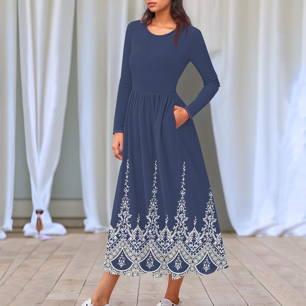 Женское платье миди в стиле бохо с цветочным принтом, повседневное, с длинным рукавом, струящиеся платья со сборками и карманом, лето и весна