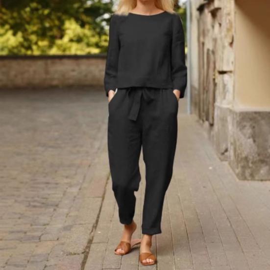 2 шт./комплект женский топ брюки комплект круглый вырез длинный рукав блузка винтажные эластичный пояс брюки повседневный досуг свободный наряд