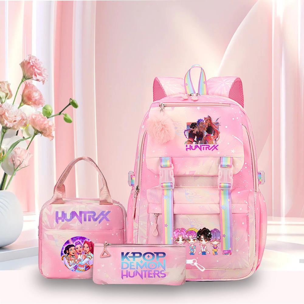 Kpop Demon Hunter Girl Troupe Elementary School Bag Three-Piece Set Lightweight Burden Reduction High School Girls School Bag Large Capacity Backpack